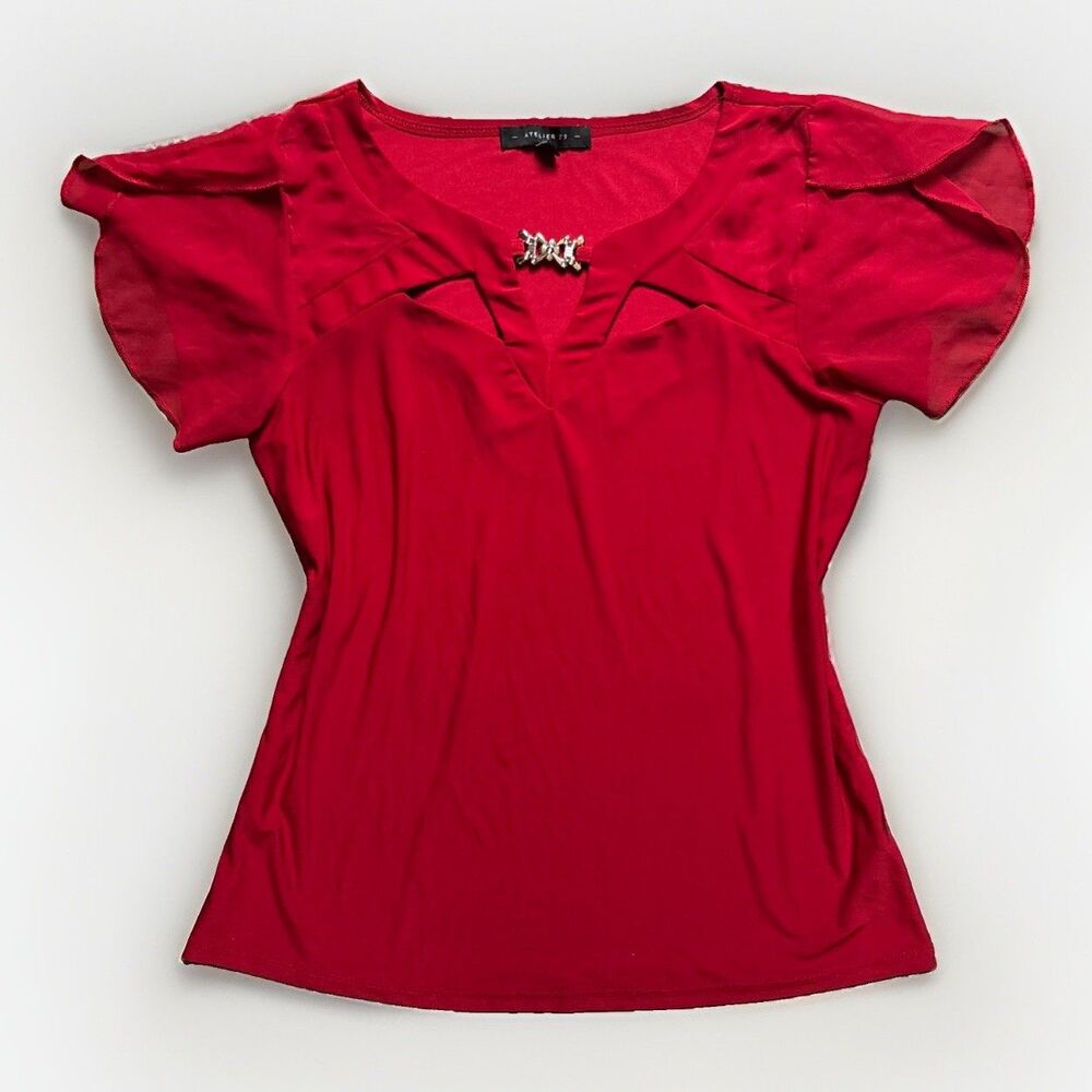 Atelier 29 Women’s Red V-Neck Flutter Short Sleeve Ruffle Blouse Size S